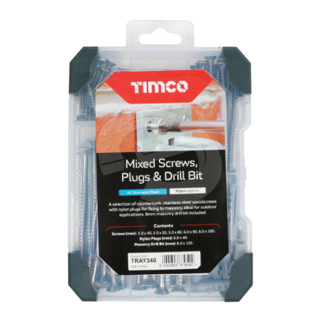 TIMCO Mixed A2 Stainless Steel Screws, Plugs & Drill Bit Starter Pack - 251 Pieces (TRAY280)