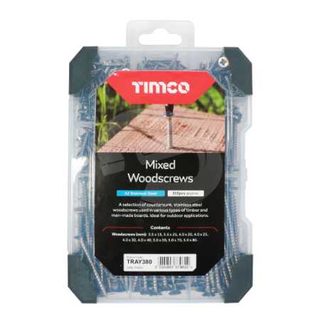 TIMCO Mixed Stainless Steel Woodscrews Starter Pack - 340 Pieces (TRAY380)